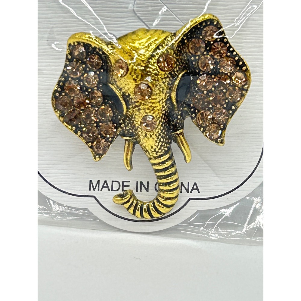 Gold Tone Rhinestone Elephant Head Brooch Pin Champagne Crystal Animal Jewelry